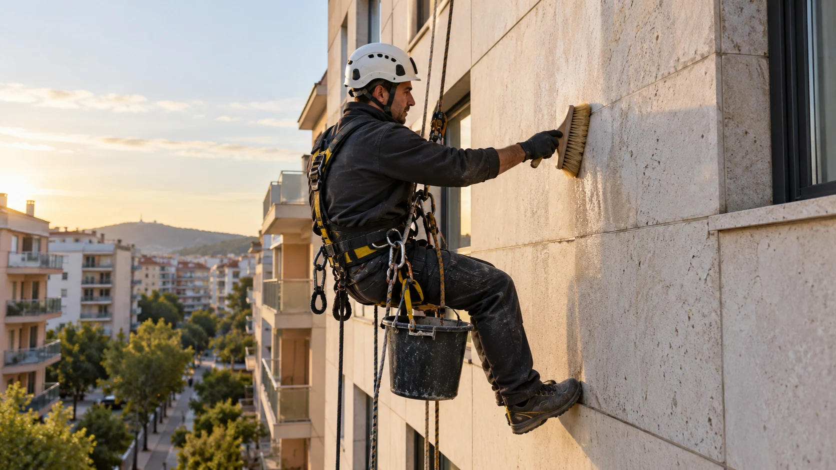 Limpieza técnica de piedra en fachada alta