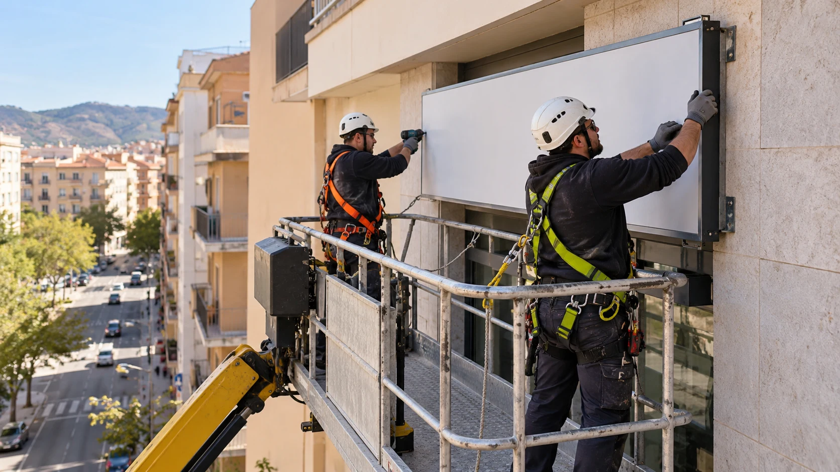 Instalación y retirada de rótulos y lonas en altura en Figueres