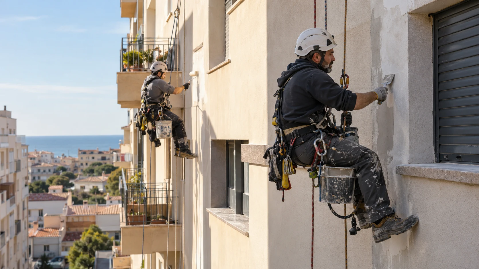 Equipo reparando fachada de comunidad